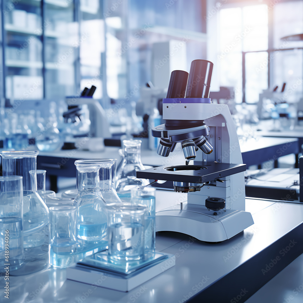 Microscope with lab glassware in modern medical laboratory, Microscopes, Lab glassware Microscope with lab glassware in modern medical laboratory, Microscopes, Lab glassware