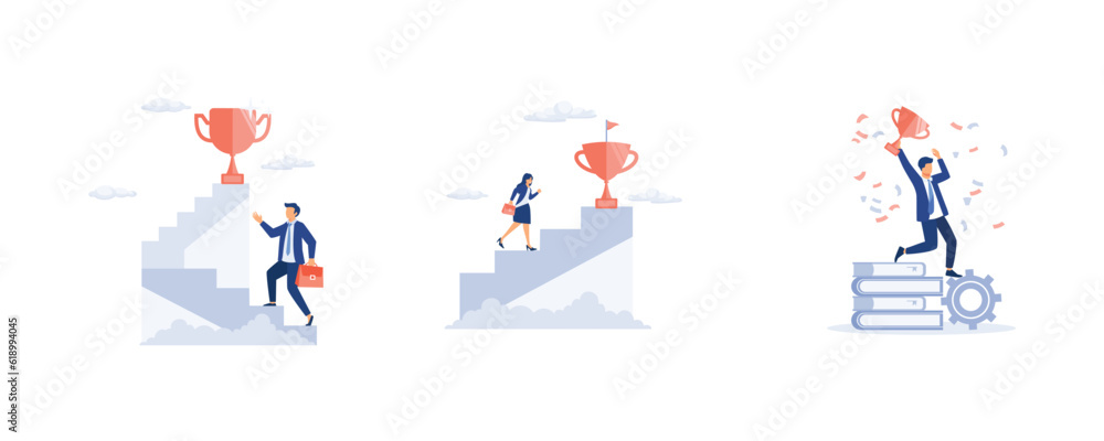 Fototapeta premium Businessman holding trophy cup standing on the stair, Businesswoman climbing ladder to golden trophy, Success and professional achievement, set flat vector modern illustration