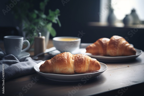 Food and drinks concept. Croissant and coffee in French minimalist style served during breakfast time. Natural light illumination. Generative AI