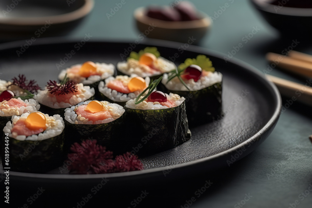 Close-Up Photo of Japanese Cuisine Served on Ceramic Plate, Generative AI Close-Up Photo of Japanese Cuisine Served on Ceramic Plate, Generative AI
