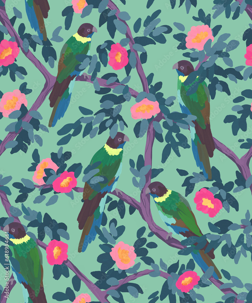 Fototapeta premium Seamless pattern with parrots sitting on branches with flowers. Painted by hand