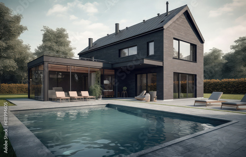 a modern house having huge swimming pool © Kien
