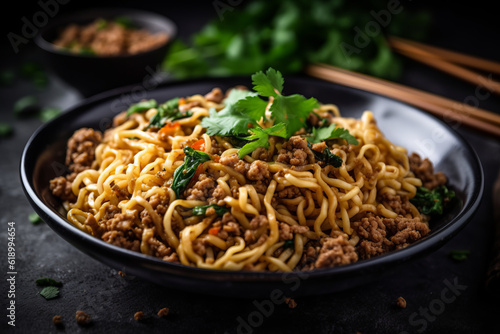 Close-Up Photo of Noodles with Meat, Generative AI