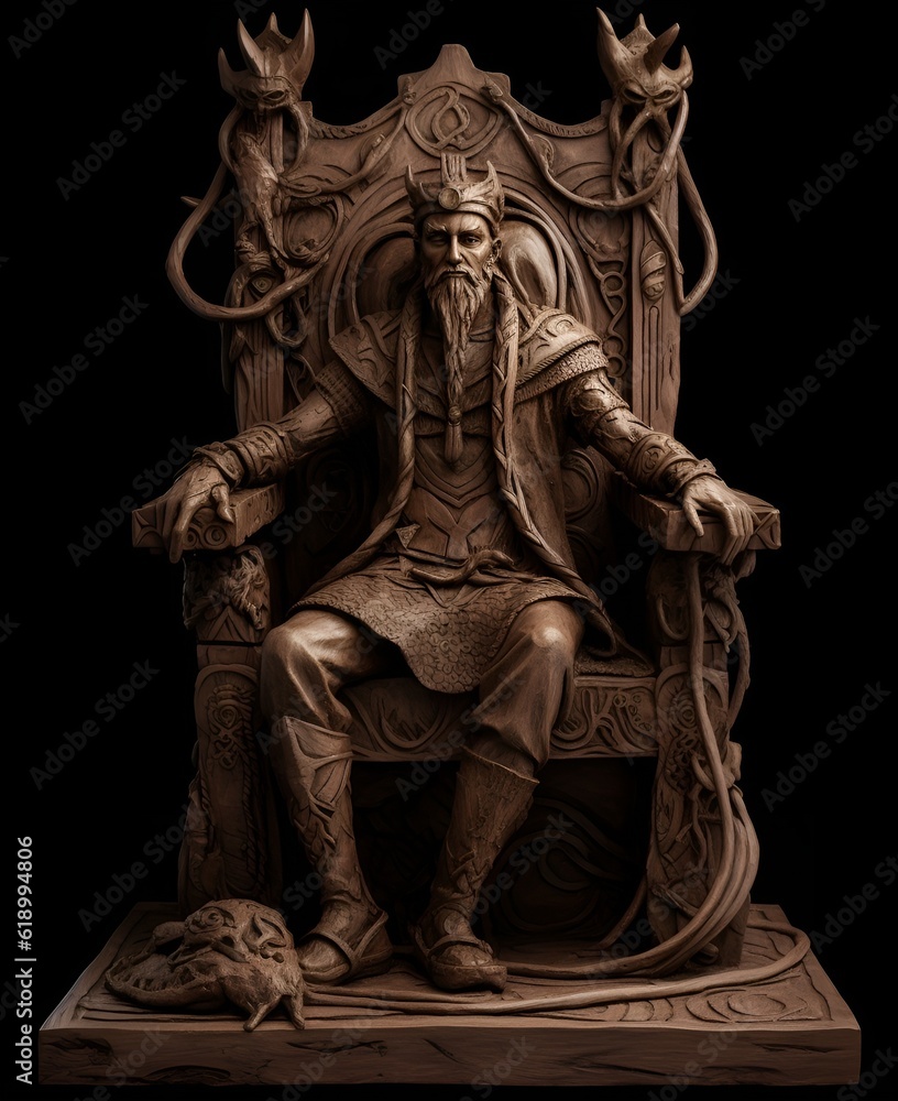 An image of Loki, the Norse trickster god, sitting on a twisted, knotted wooden throne. An image of Loki, the Norse trickster god, sitting on a twisted, knotted wooden throne.