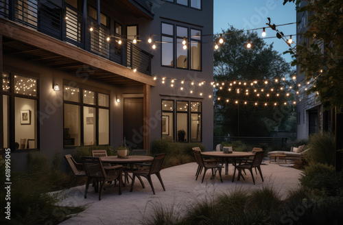 large backyard featuring a backyard surrounded by trees and string lights © Kien