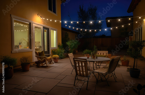 large backyard featuring a backyard surrounded by trees and string lights © Kien