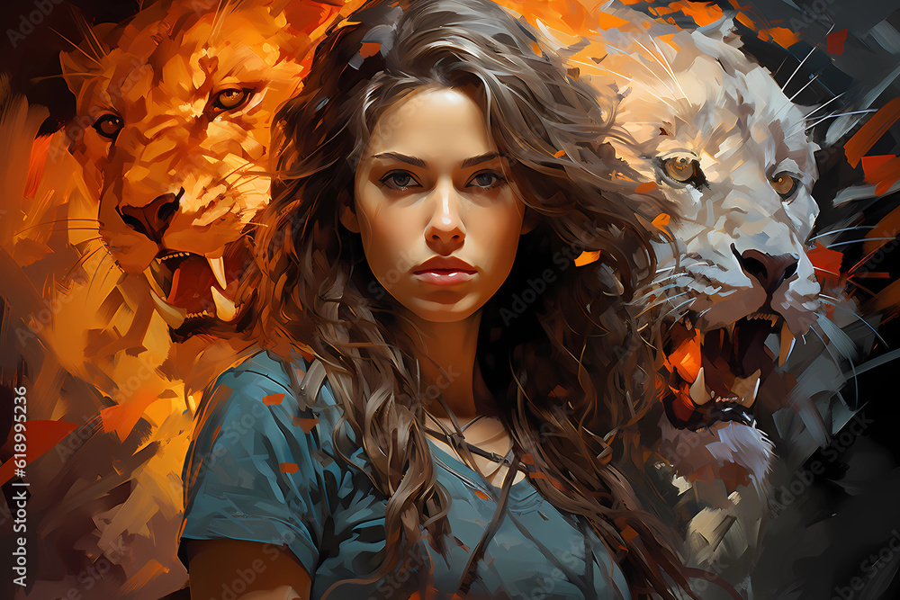 Multiple Personalities of a lady represented by the lions behind, Generative AI Multiple Personalities of a lady represented by the lions behind, Generative AI