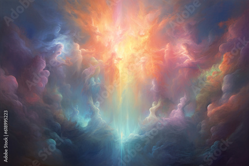 Religion, culture and sacral concept. Abstract visualization of God light in clouds visualization and interpretation illustration. Vivid pastel colors. Background with copy space. Generative AI