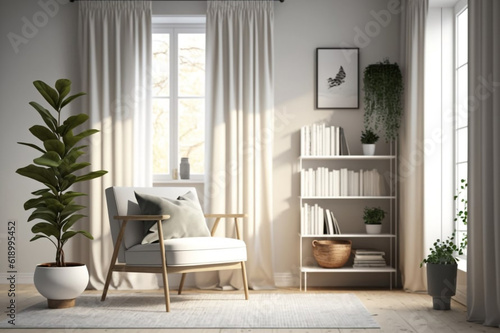 Living room interior with carpet  white chair  lamp  coffee table  bookshelf  plant  and curtain. Blank wall with vertical frame