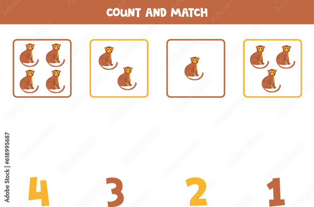 Counting game for kids. Count all monkeys and match with numbers. Worksheet for children.