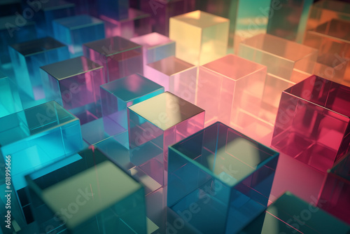 Colorful glass cubes illuminated with light and reflects colorful light. Glass cube geometric shapes with light diffraction of spectrum colors and complex reflection background. Generative AI