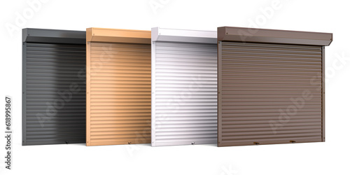 Window roller shutters of different colors isolated on white background.