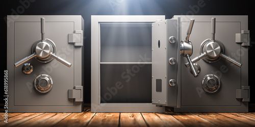 Three safe deposit boxes with one door open.  Сhoosing the right bank to  your savings. photo