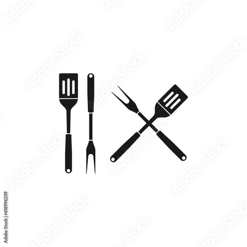 BBQ or grill tools icon. Crossed barbecue fork with spatula. Black simple silhouette. Symbol Template Logo. Vector illustration flat design.  Suitable for your design need, logo, illustration, etc.