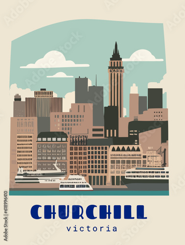 Churchill: Beautiful vintage-styled poster with an Australian cityscape with the name Churchill in Victoria
