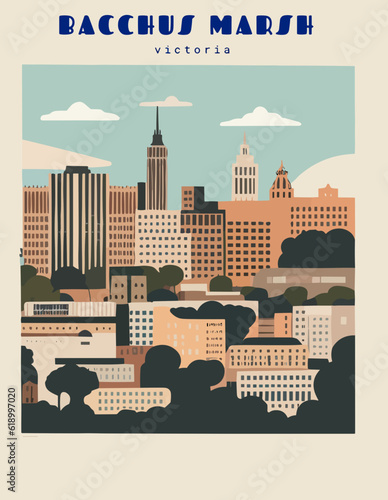 Bacchus Marsh: Beautiful vintage-styled poster with an Australian cityscape with the name Bacchus Marsh in Victoria