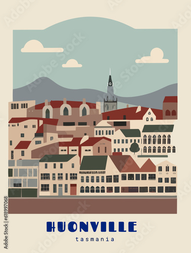 Huonville: Beautiful vintage-styled poster with an Australian cityscape with the name Huonville in Tasmania photo