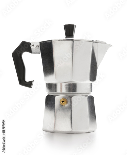 Metal geyser coffee maker on white background