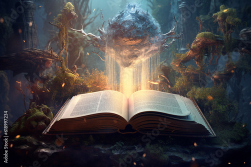 World book day, fantasy, and leisure concept. 3D style Illustration of magical book with fantasy stories inside it. Generative AI