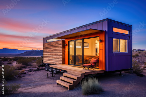 Customized mobile home trailer in the desert. photo