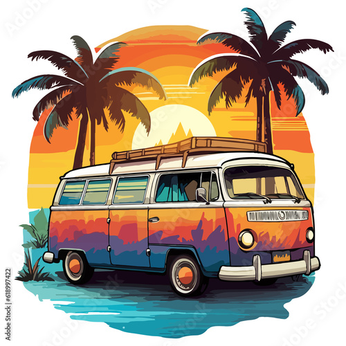 Summer Camper Van, camping on the sunset coast with car, palm trees