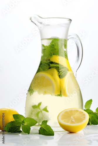 Lemonade with mint in a glass decanter. Photorealistic illustration of Generative AI.