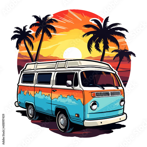 Summer Camper Van, camping on the sunset coast with car, palm trees