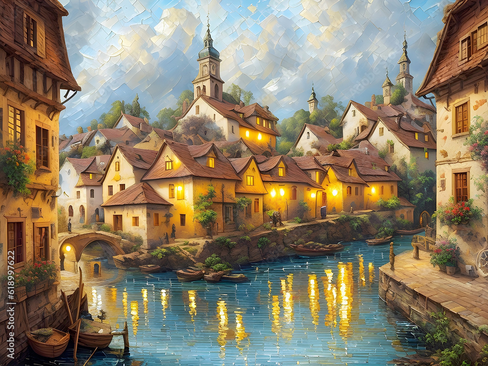 European village from 17th century, Oil-Paint Effect, Generative AI Illustration