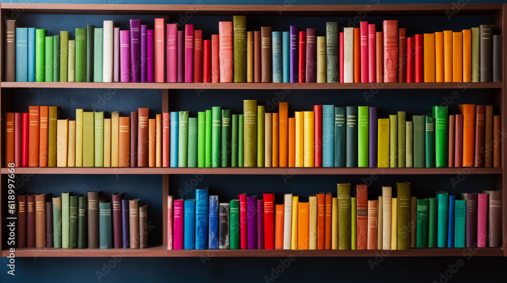 Bookshelf with colorful books in the library. Education concept, background Bookshelf with colorful books in the library. Education concept, background