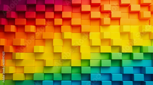 3d rendering of a rainbow colored background made of cubes with copy space, background