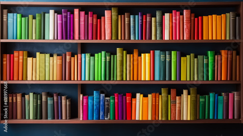 Bookshelf with colorful books in the library. Education concept, background