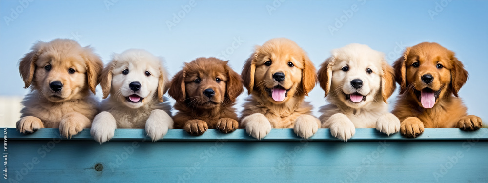 Group of golden retriever puppies in a row over blue background. Group of golden retriever puppies in a row over blue background.