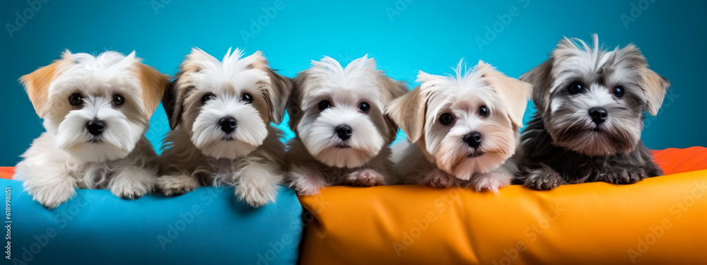 Group of miniature yorkshire terrier puppies isolated on blue background.