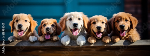 Group of Golden Retriever puppies with tongue out in front of blue door