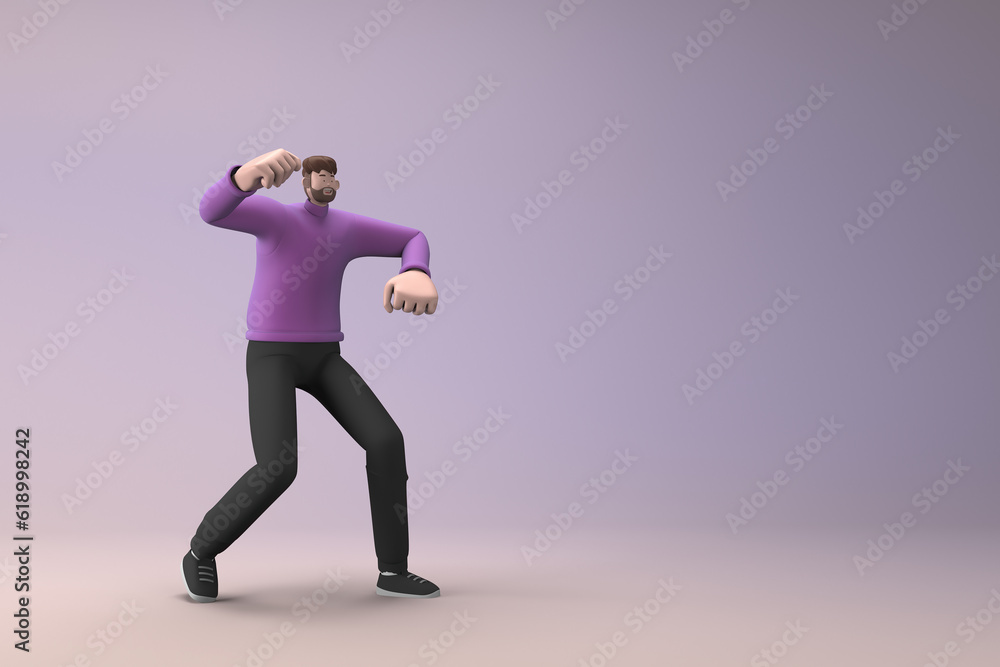 Man in casual clothes making gestures while exercise. 3D rendering of a cartoon character Man in casual clothes making gestures while exercise. 3D rendering of a cartoon character