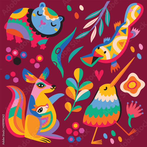 Cute abstract Australian animals, flowers and leaves. Vector illustration © penguin_house