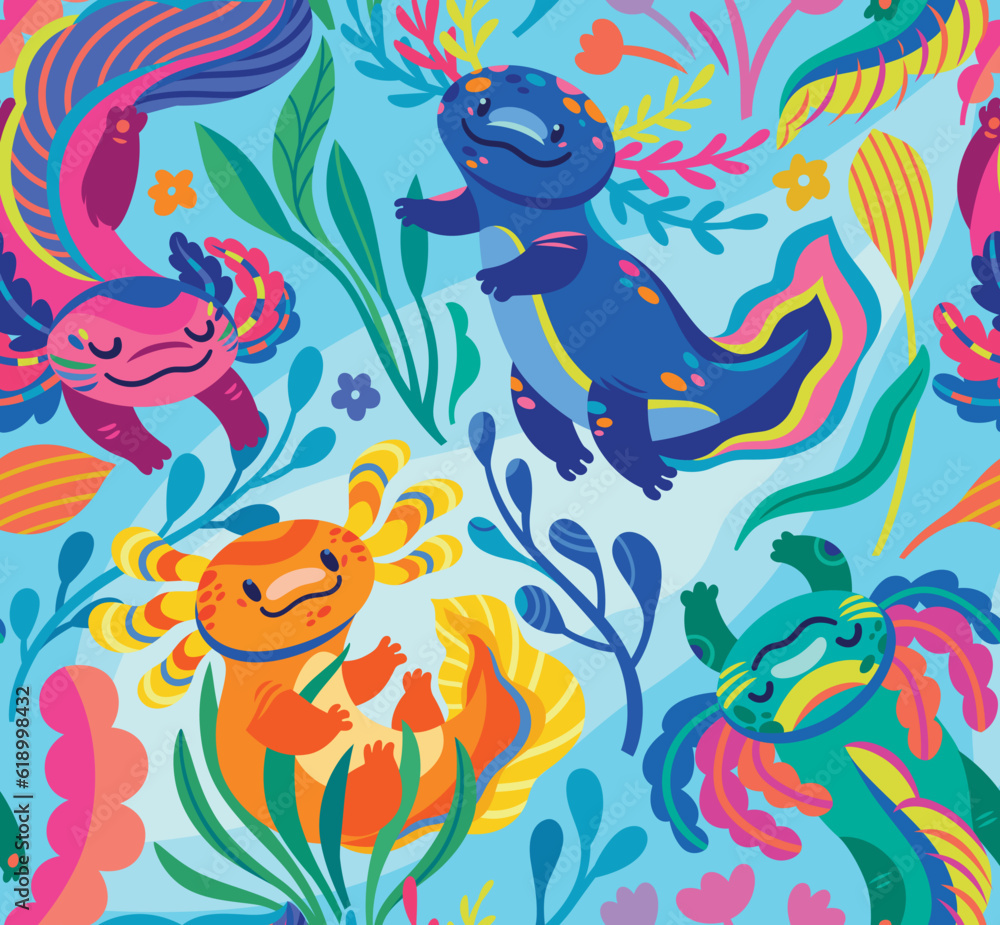 Seamless pattern with cute cartoon axolotls, amphibian creatures are floating in the seaweeds