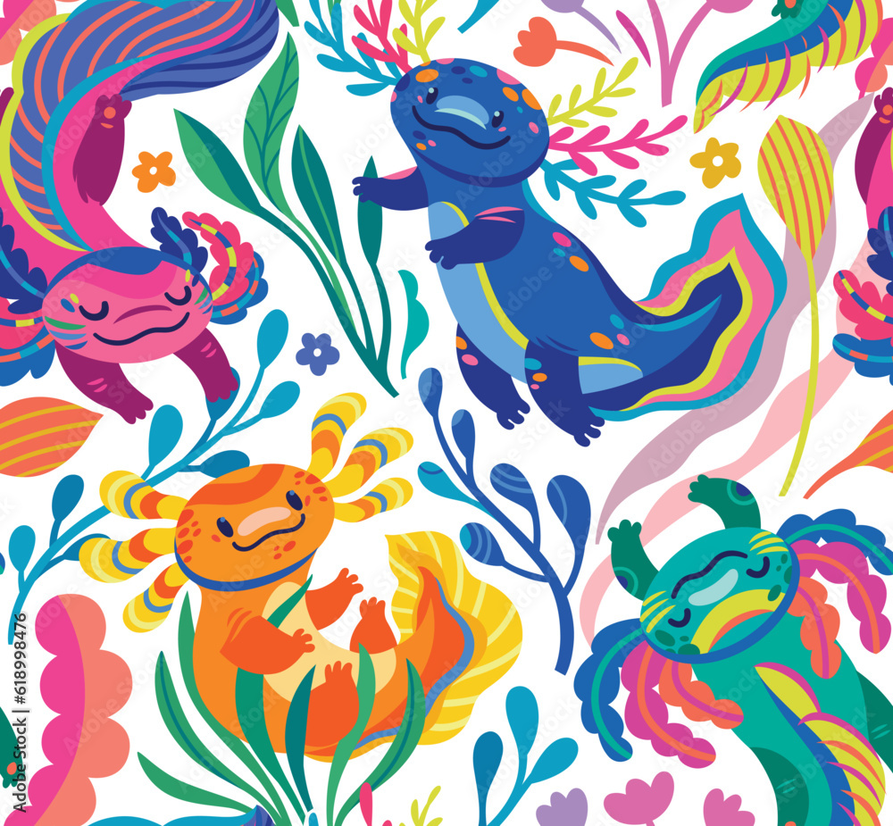 Seamless pattern with cute cartoon axolotls, amphibian creatures are floating in the seaweeds