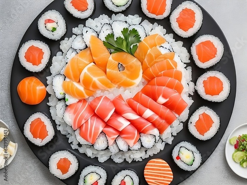 A plate of freshly prepared sushi arranged 
