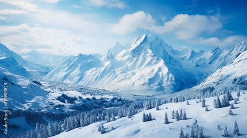 Beautiful winter mountains panorama background with snow covered peaks and clear blue sky