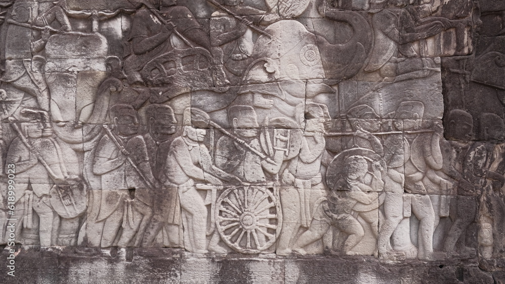 Beautiful stone carved on Bayon temple was telling about glory of Khmer troops