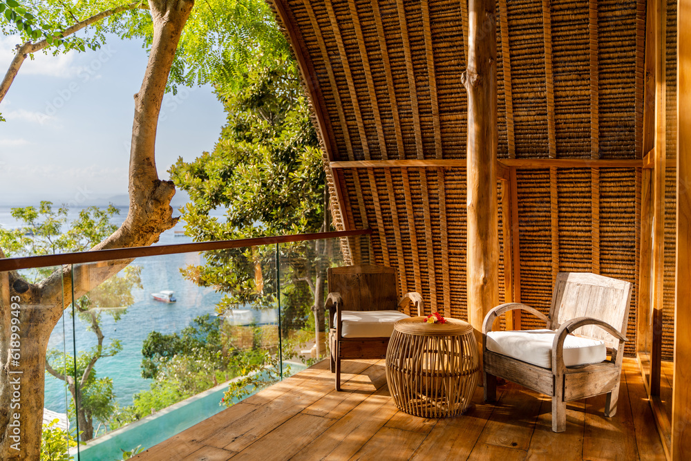 Interior detail shots of eco resort balcony overlooking the ocean Stock ...