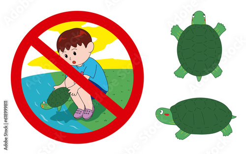 アカミミガメ　野外放流禁止　条件付特定外来生物　マークと背景はレイヤー分け