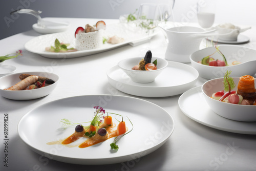 Plated Dishes on White Surface, Generative AI