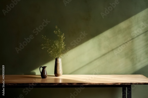 Rustic Emerald Dark Green Wall with Worn Farmhouse Table Minimalist Product Backdrop Background Neutral Minimalist Simple Minimal Color, Beige, Tan, White, Vase