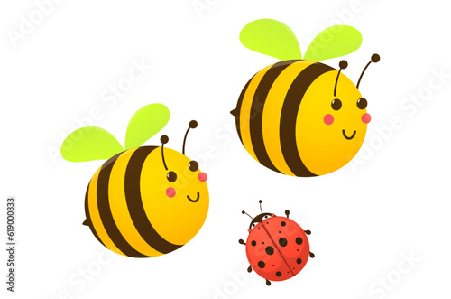 Cute bee, ladybug on white background. Set of summer insects.
