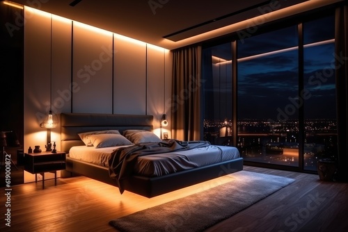 penthouse bedroom at night, dark gloomy, A room with a view of the city from the bed, generative ai photo
