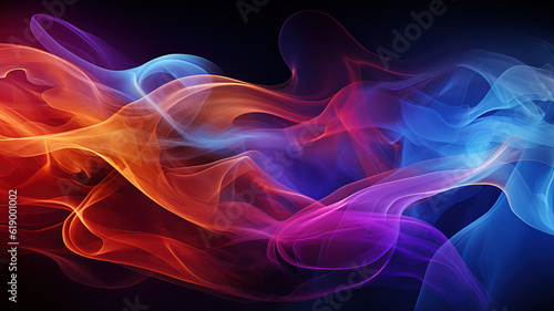 Abstract colored smoke on black background, in layered translucency. Generative AI.