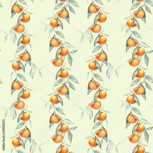 Seamless watercolour citrus fruits and leaves pattern. Green leaves and orange fruits on white background. Seamless mandarin and oranges watercolour illustration