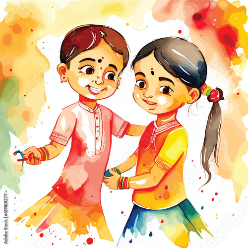 Cute Brother and Sister Playing Together Indian Rakshabandhan Festival vector watercolour illustration